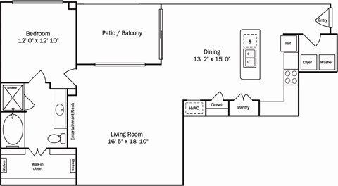A floor plan of a home showing a living room, dining room, kitchen, and two bedrooms.